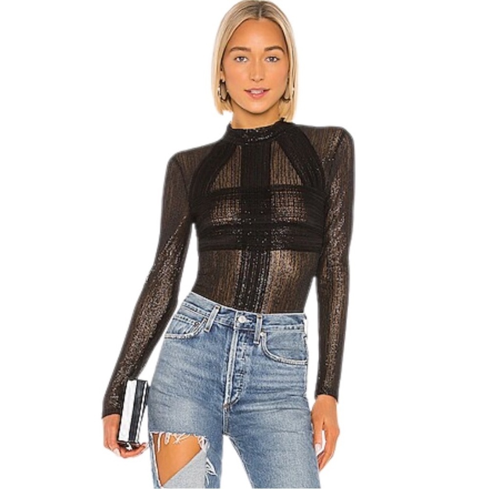 BCBGMaxAzria Sheer Black Long Sleeve Bodysuit - Picture 3 of 5